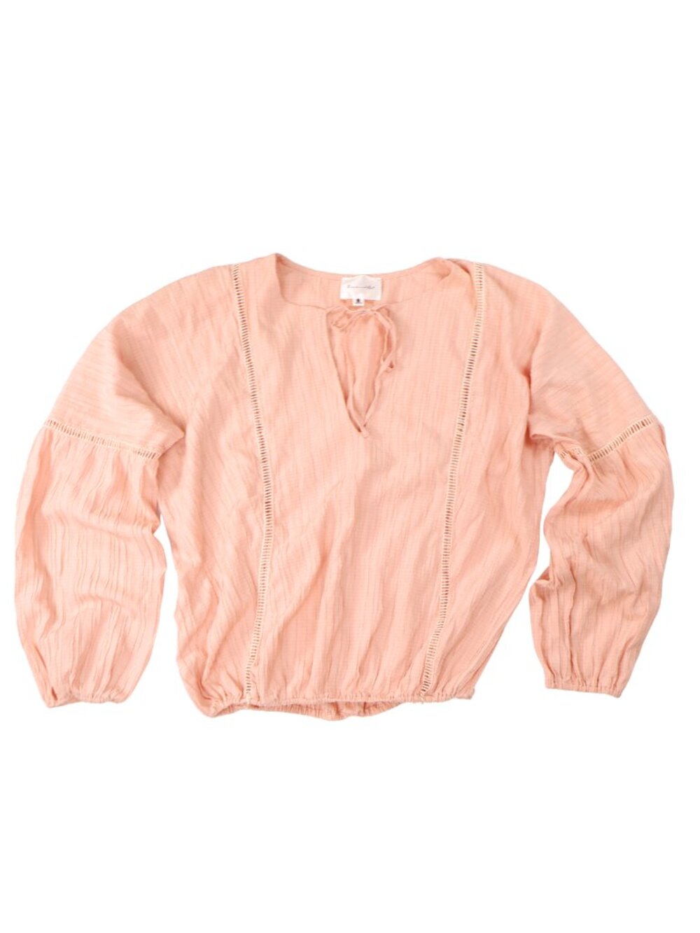 Line & Dot Peach Textured Peasant Blouse Small Balloon Sleeve Tie Neck Boho Top